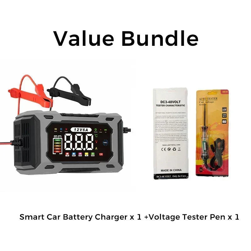 Smart Car Battery Charger 12 V 6 A – Pulse Repair Function, LCD Display and Maximum Safety