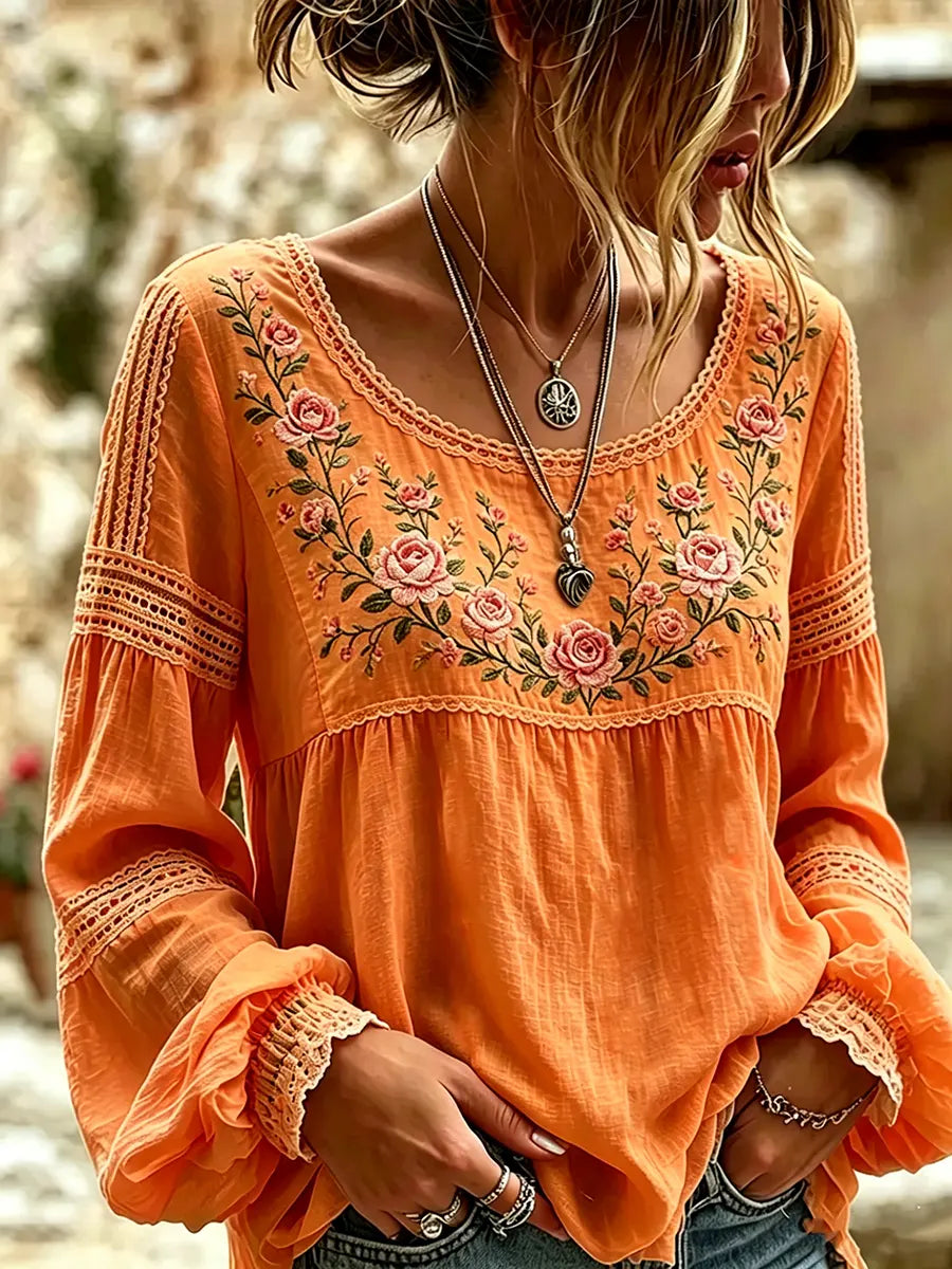Boho Floral Embroidered Blouse