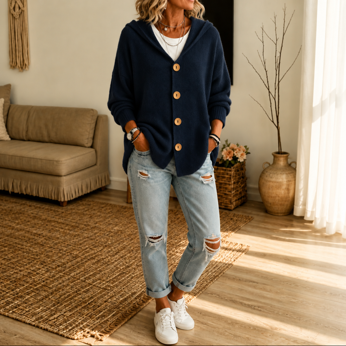 Hooded Waffle-Knit Button-Front Cardigan