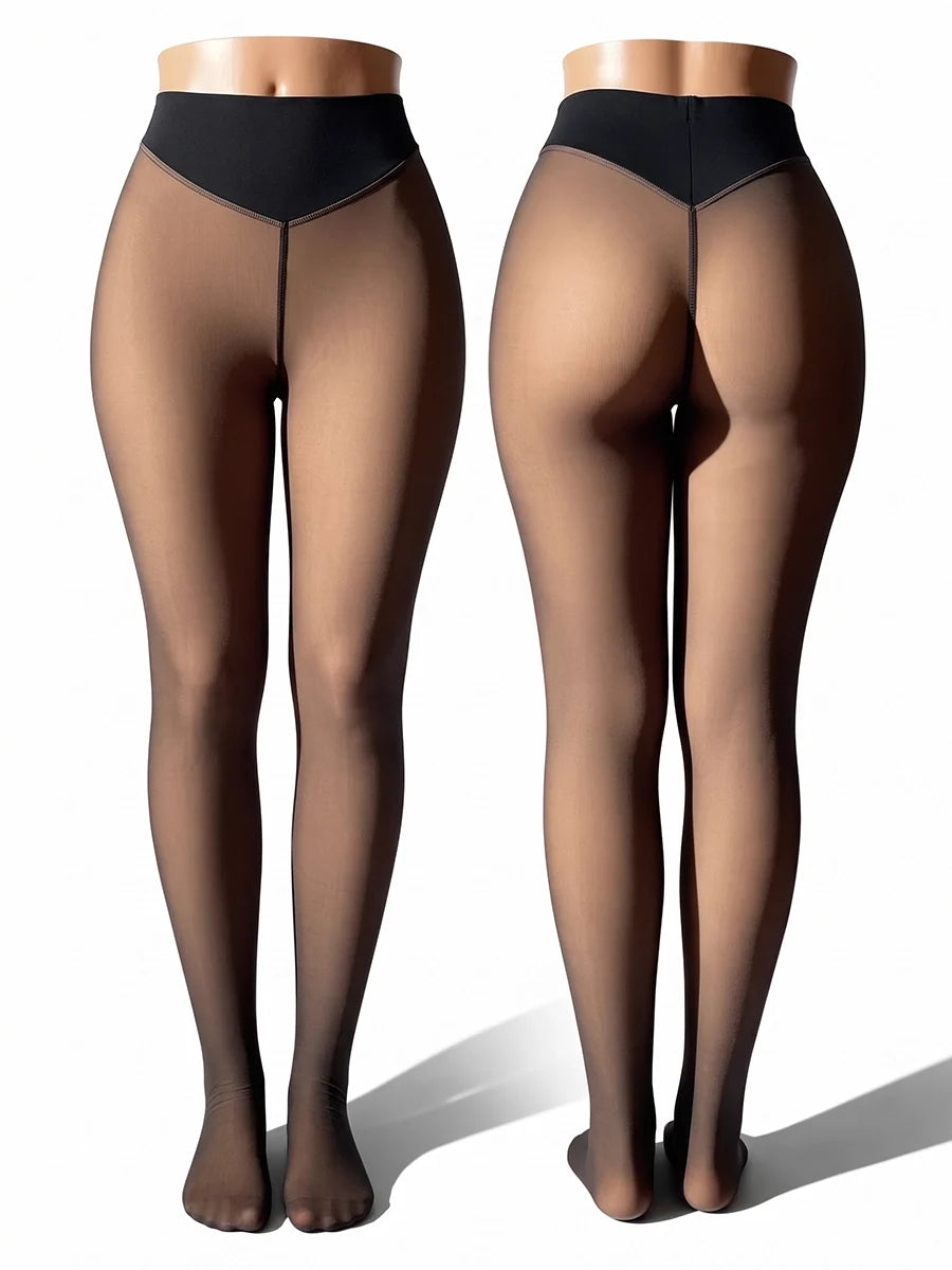 High-Waist Fleece-Lined Faux-Sheer Tights for Winter Outfits