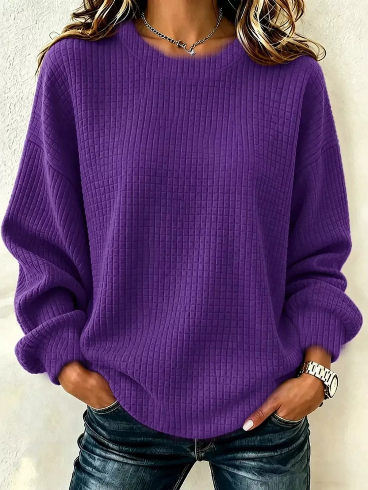 Full Size Waffle Knit Long Sleeve Crew Neck Sweatshirt Plus Size
