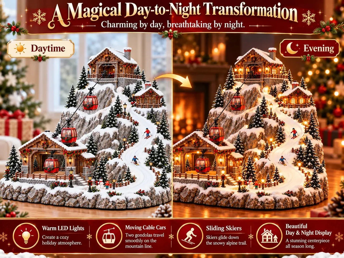 Animated Christmas Mountain Cable Car & Ski Village Scene