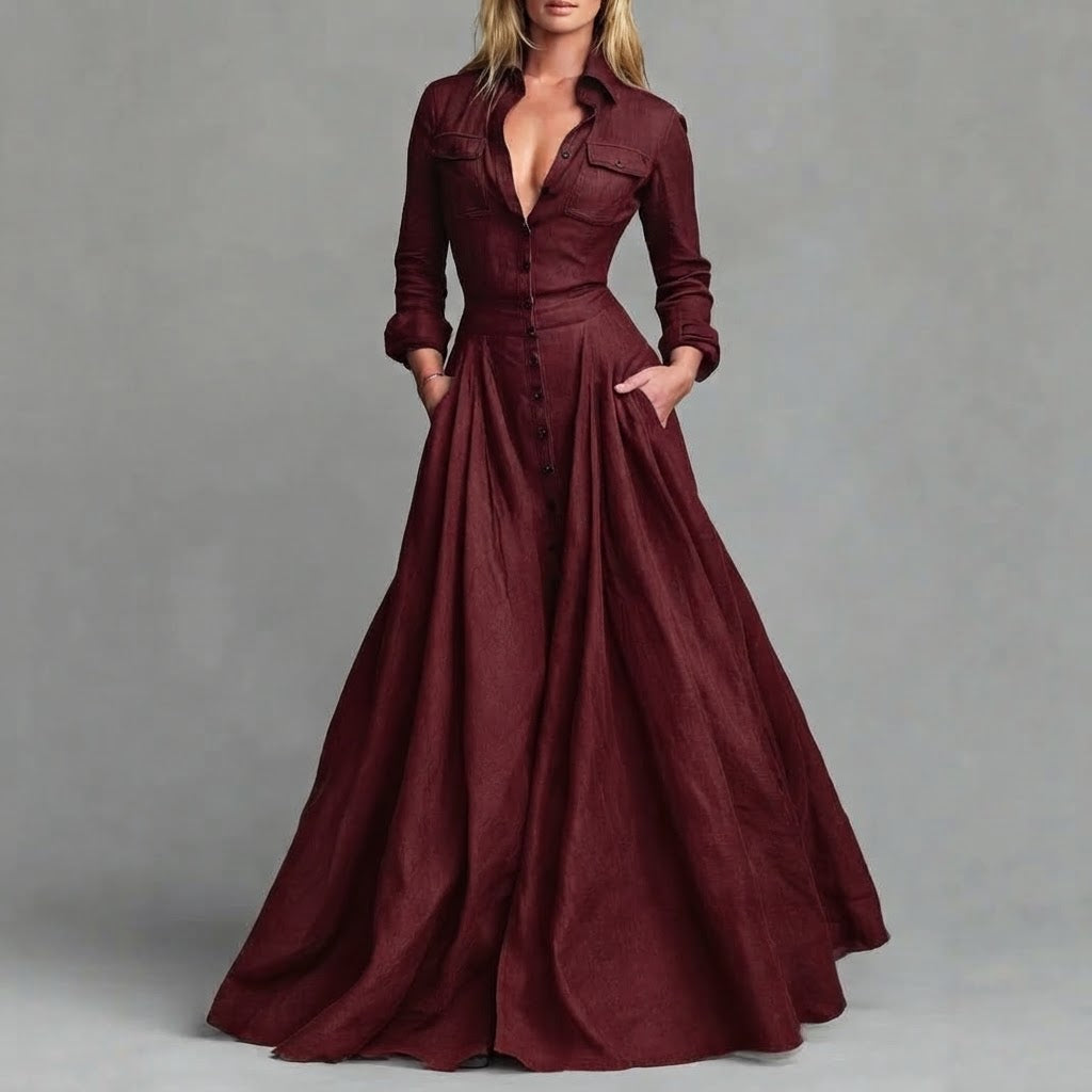 High-Waisted Long Sleeve Collared Button-Down Maxi Shirt Dress