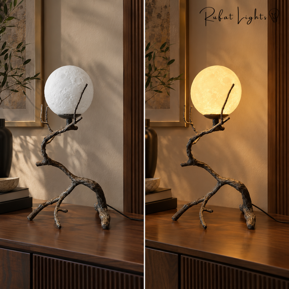 Rustic Wood Grain Moon Table Light