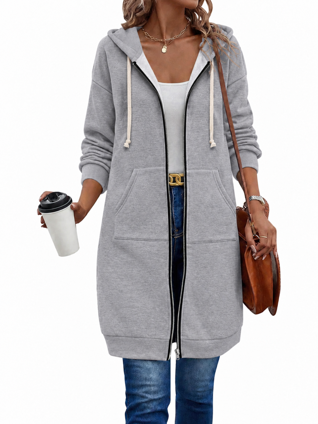 Long Zip Hoodie with Hood Drawstring