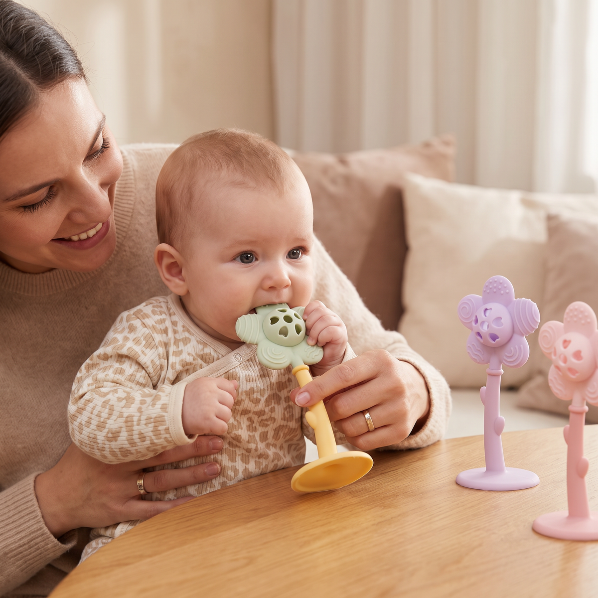 2-in-1 Sunflower Teething Ring & Rattle for Babies with Suction Cup Base