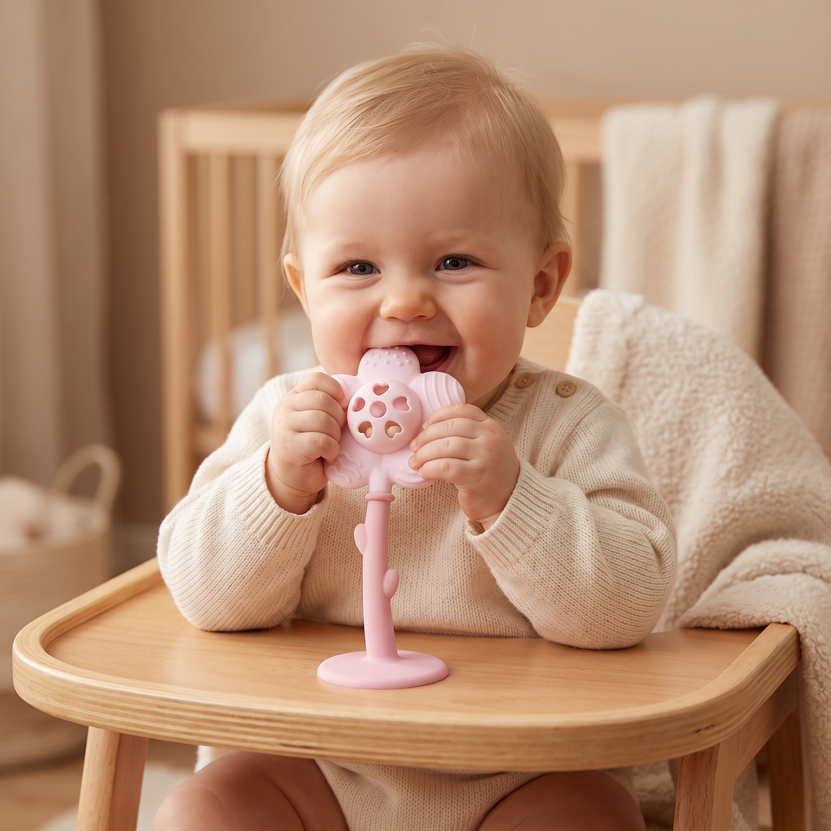 2-in-1 Sunflower Teething Ring & Rattle for Babies with Suction Cup Base