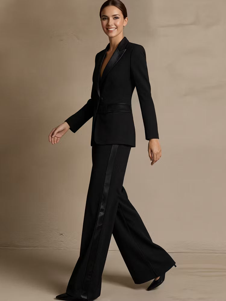 Two-Piece Set Featuring a Black Satin Blazer and Wide-Leg Trousers
