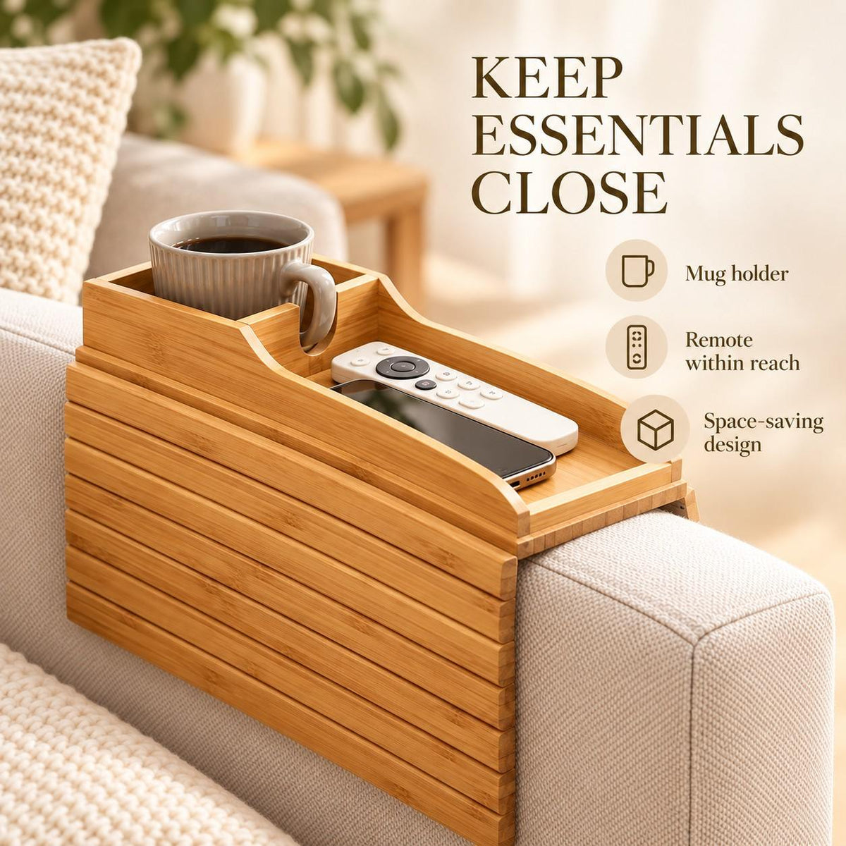 Bamboo Sofa Arm Organizer with Cup Holder