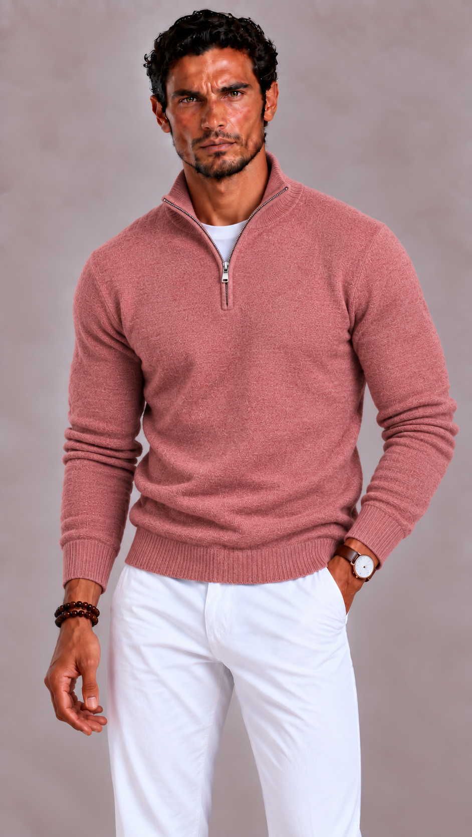 Men's Merino Wool Sweater with V-Neck and Zip Closure