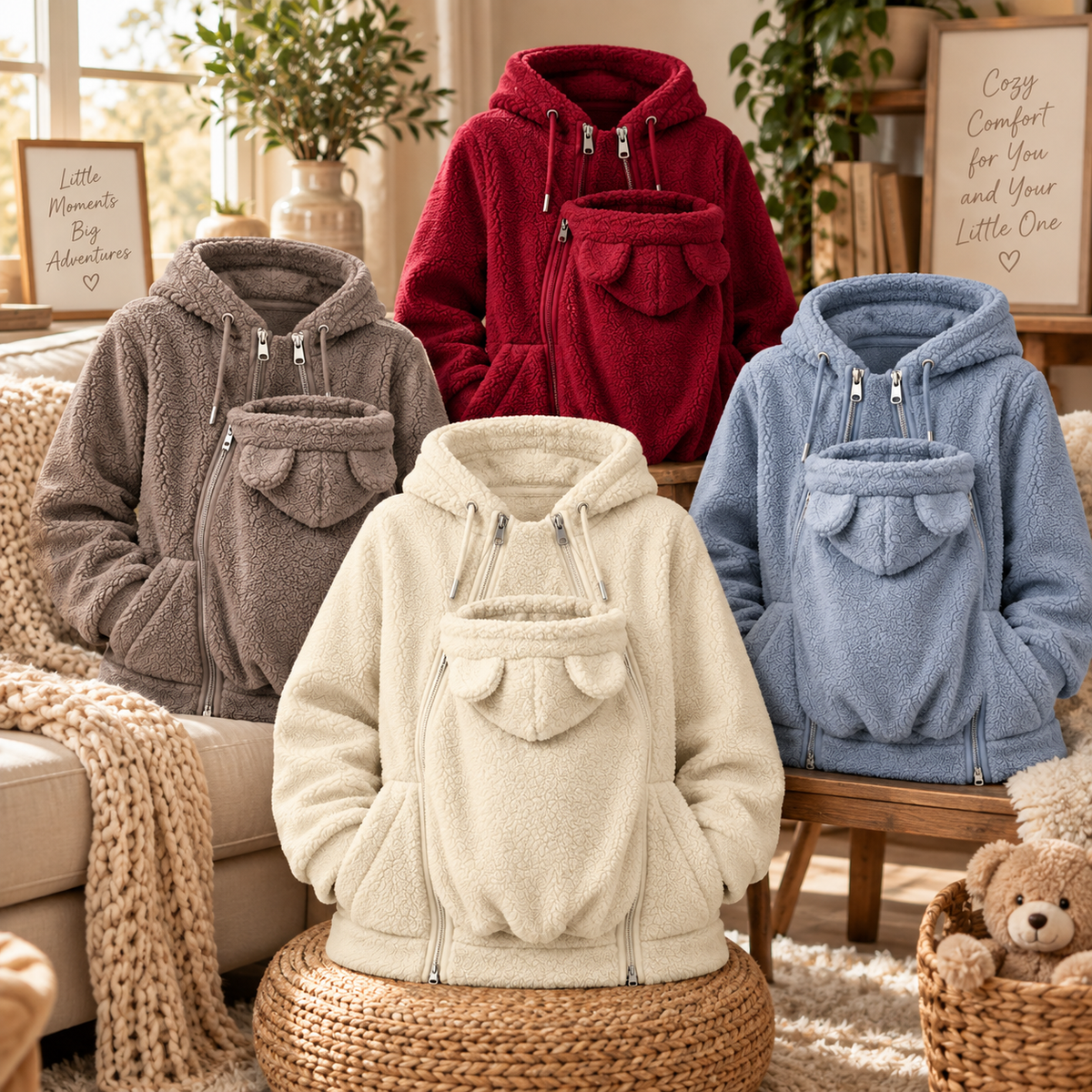 Plush Parent-Child Hoodie with Cozy Front Pouch for Warm Outings