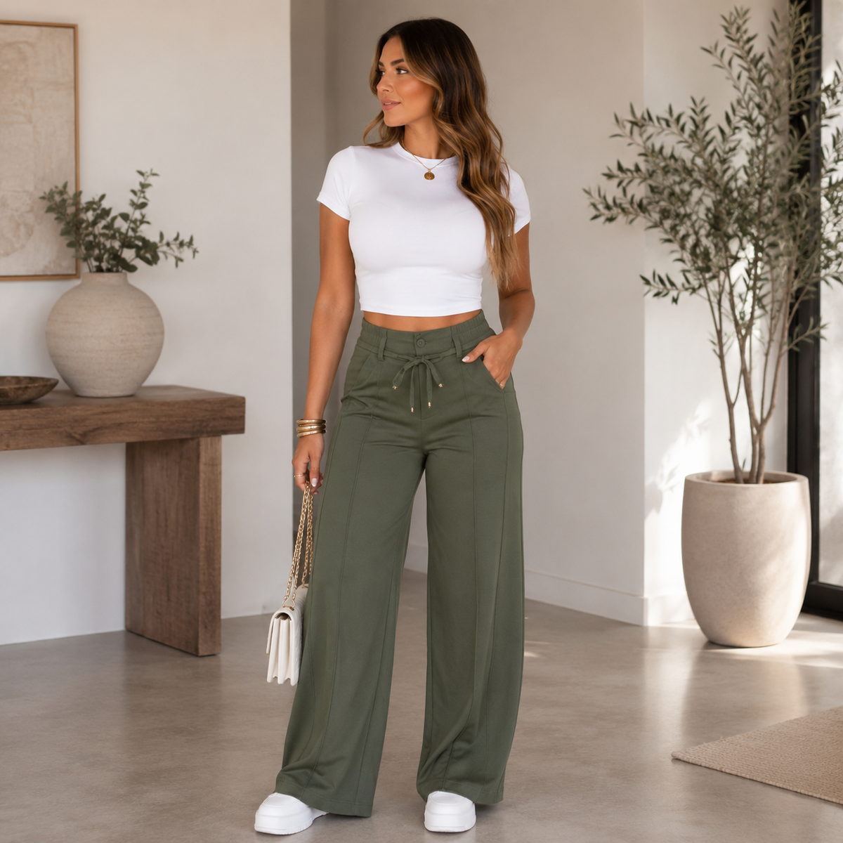 Julie Wide-Leg Pants in Ice Silk and Polyester Knit