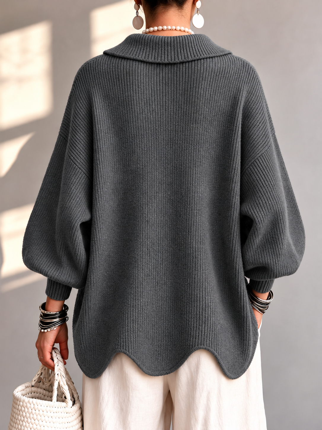 Chic Collared Scalloped Hem Knit Sweater