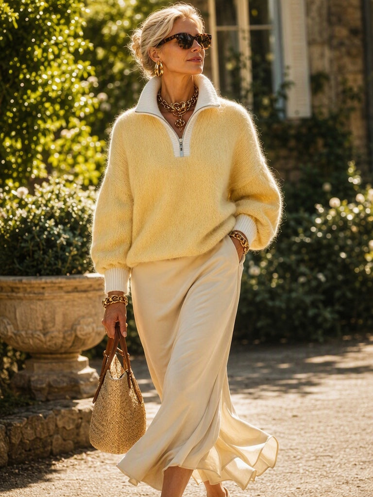 Contrast Quarter Zip Mock Neck Sweater