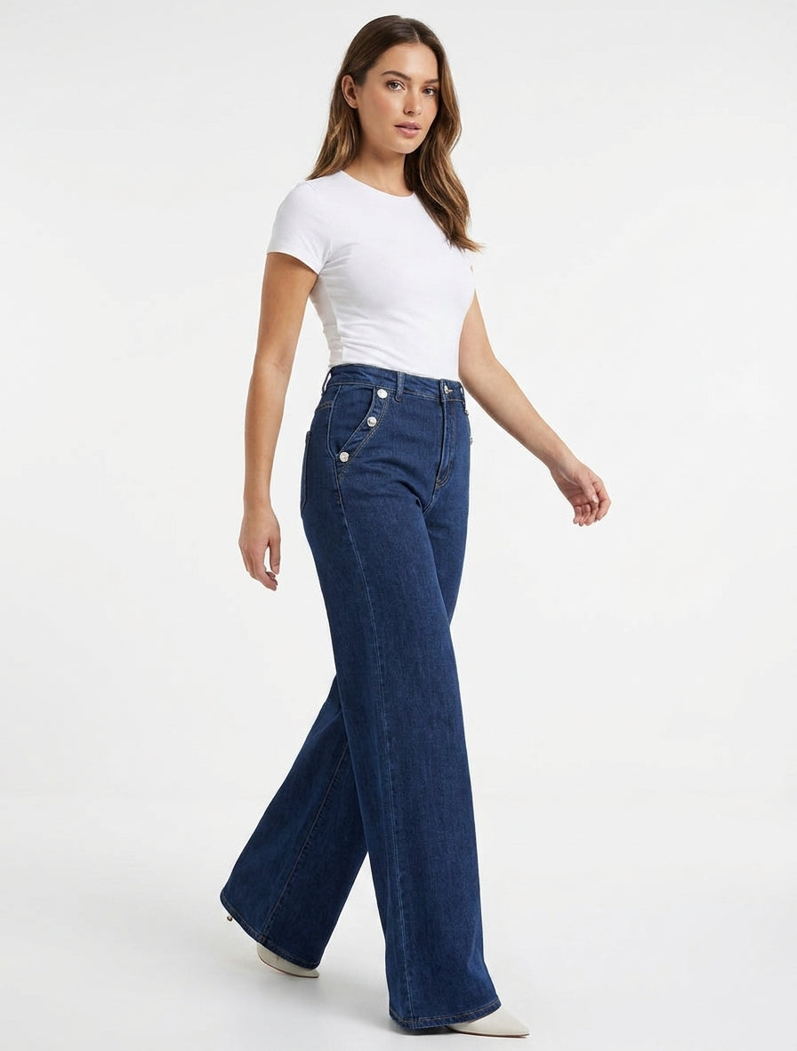 High-Waisted Wide Leg Jeans - Denim Blue