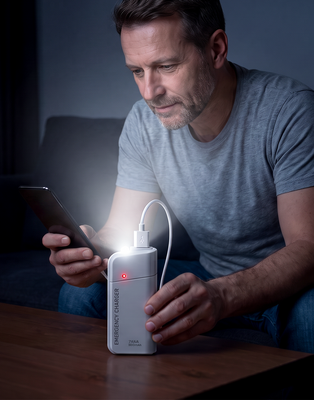 Portable Emergency Charger with AA Batteries – USB Charging, Compact and with LED Flashlight – Perfect for Travel, Commuting and Power Outages