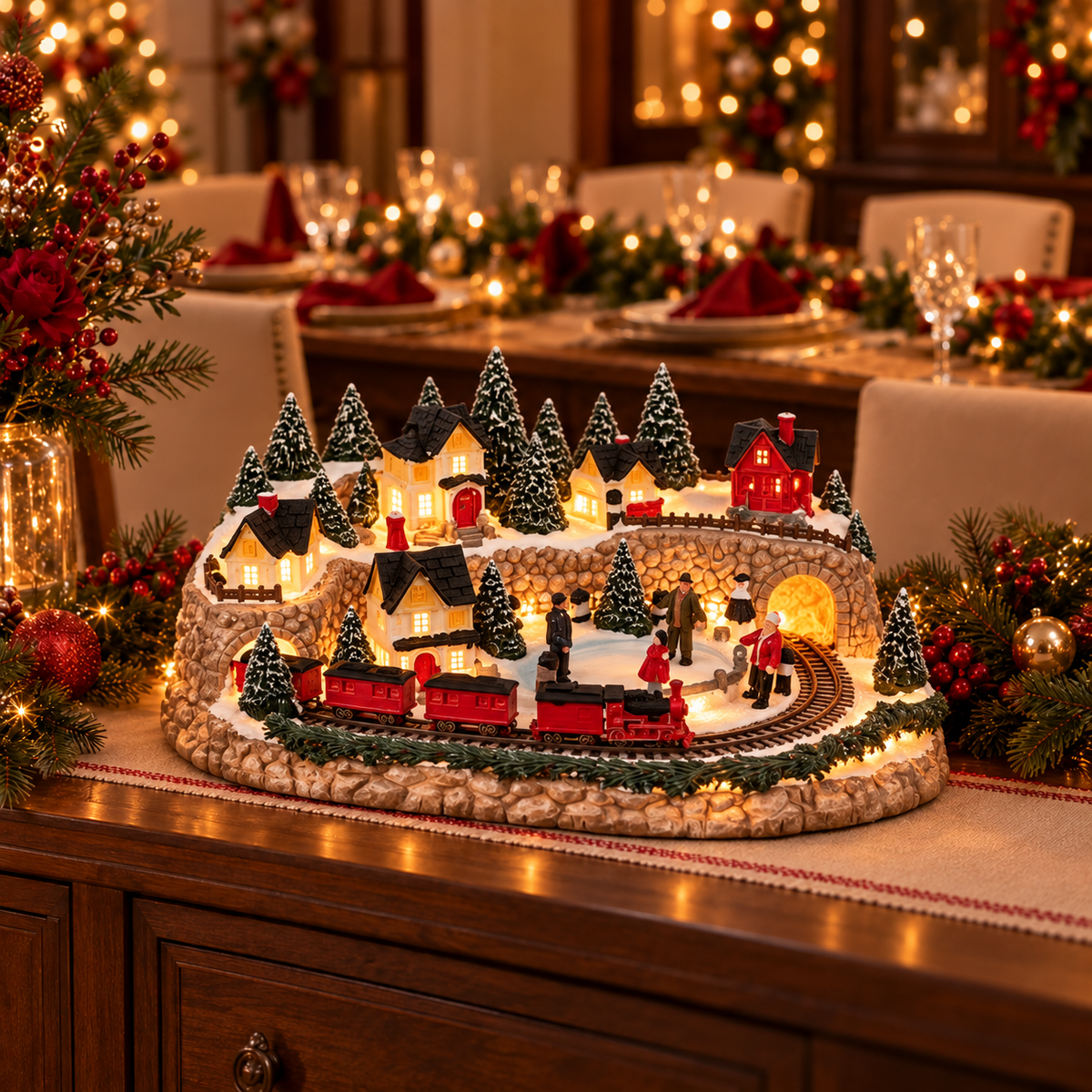 Falmoor | Animated Holiday Village with Train, Ice Rink and Built-In Base