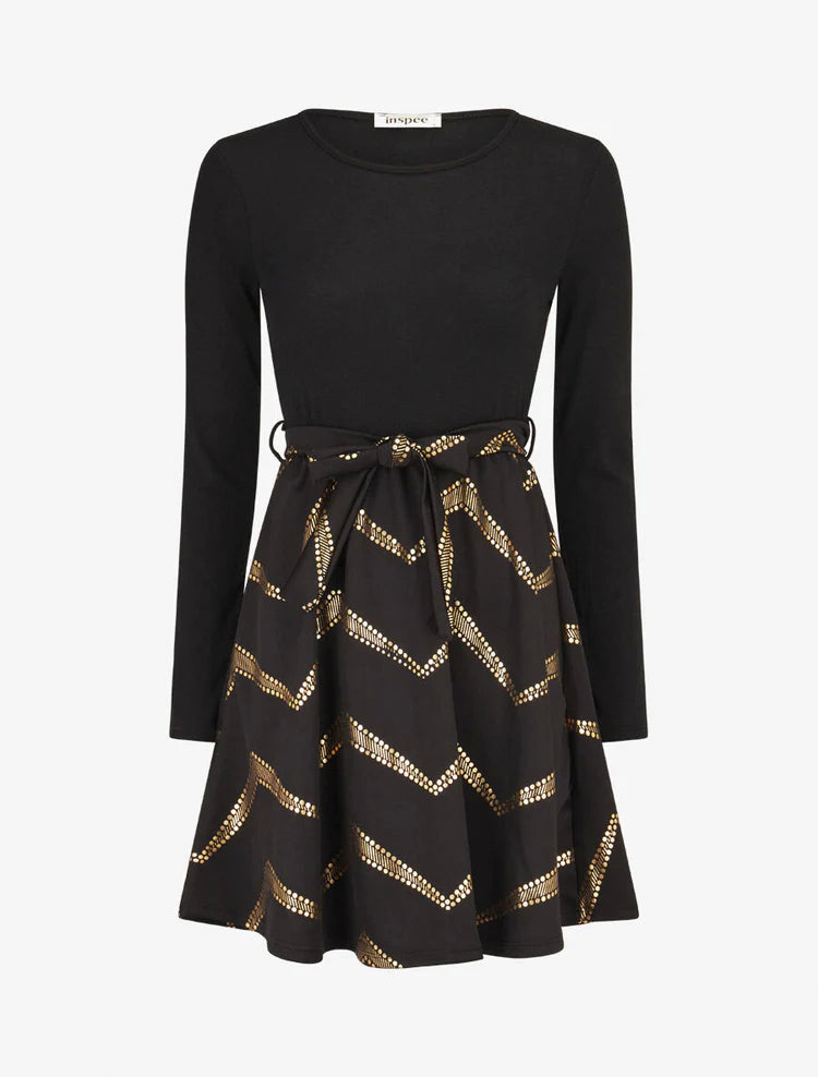 Two-Tone Skater Dress with Belt - Black