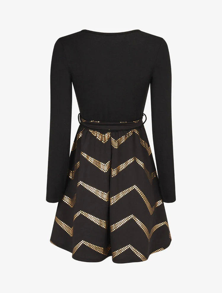 Two-Tone Skater Dress with Belt - Black