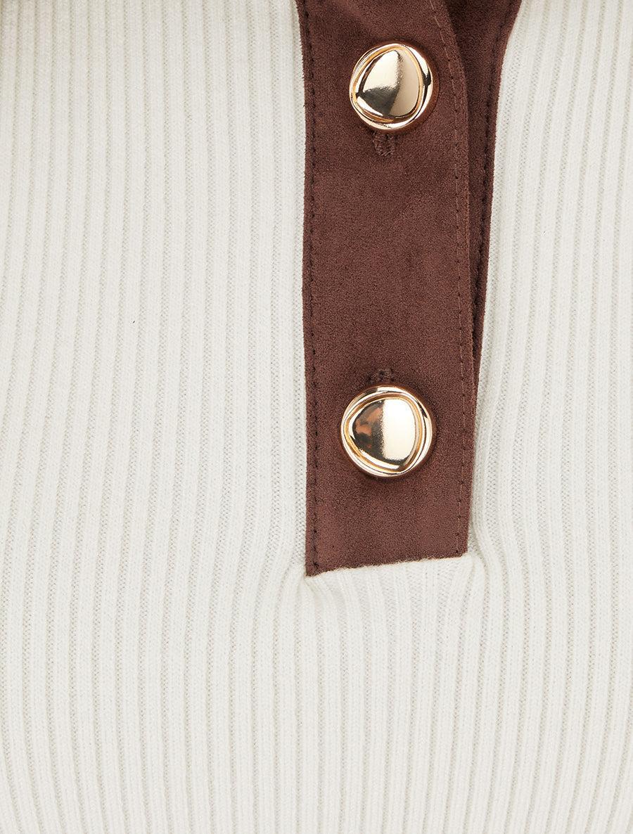 Fine Ribbed Knit Sweater with Buttoned Suede-Effect Collar - Ecru