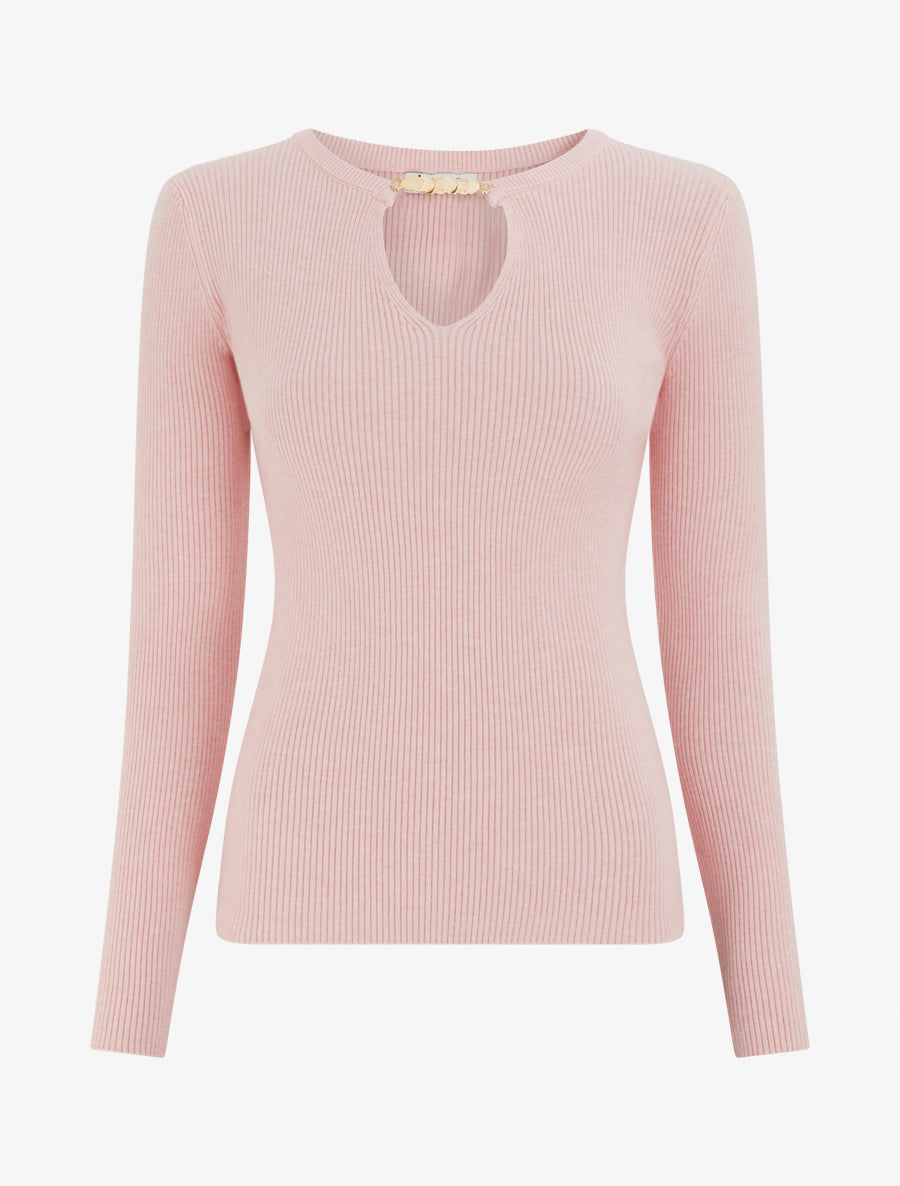Ribbed V-Neck Sweater with Jewel Detail - Pink