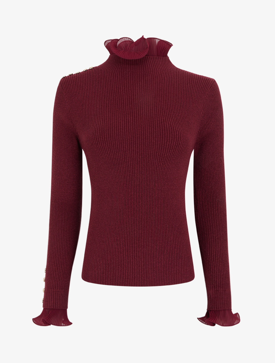 Glittery Sweater with Pleated Ruffles - Burgundy