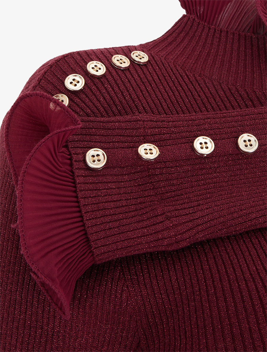 Glittery Sweater with Pleated Ruffles - Burgundy