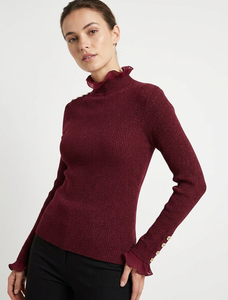 Glittery Sweater with Pleated Ruffles - Burgundy
