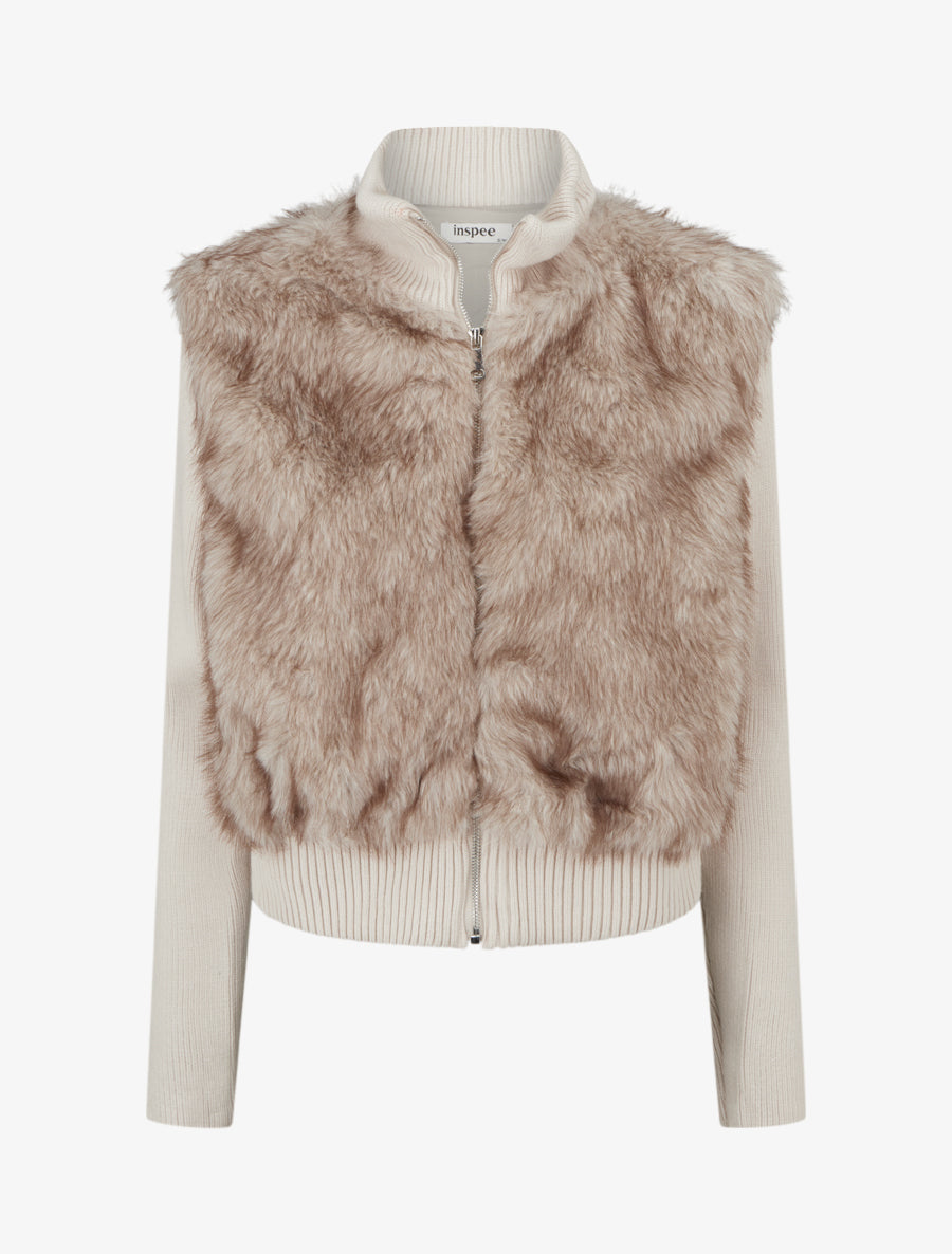 Ribbed Jacket with High Collar and Fur
