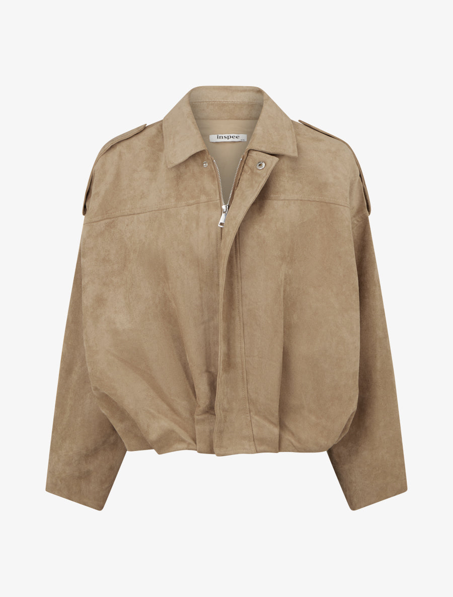 Suede-Effect Bomber Jacket with Epaulettes - Taupe