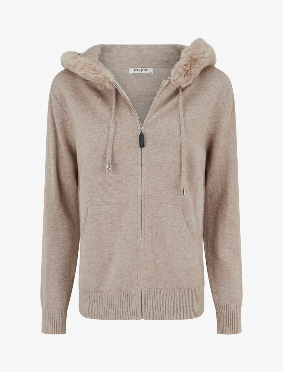 Synthetic Fur Hooded Sweatshirt - Taupe