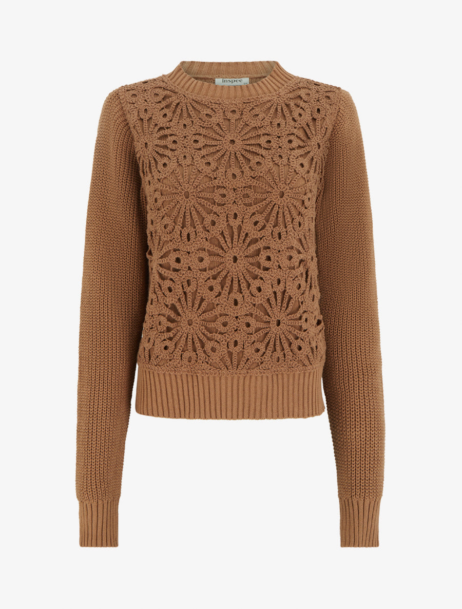 Cotton Round Neck Sweater with Macramé Knit