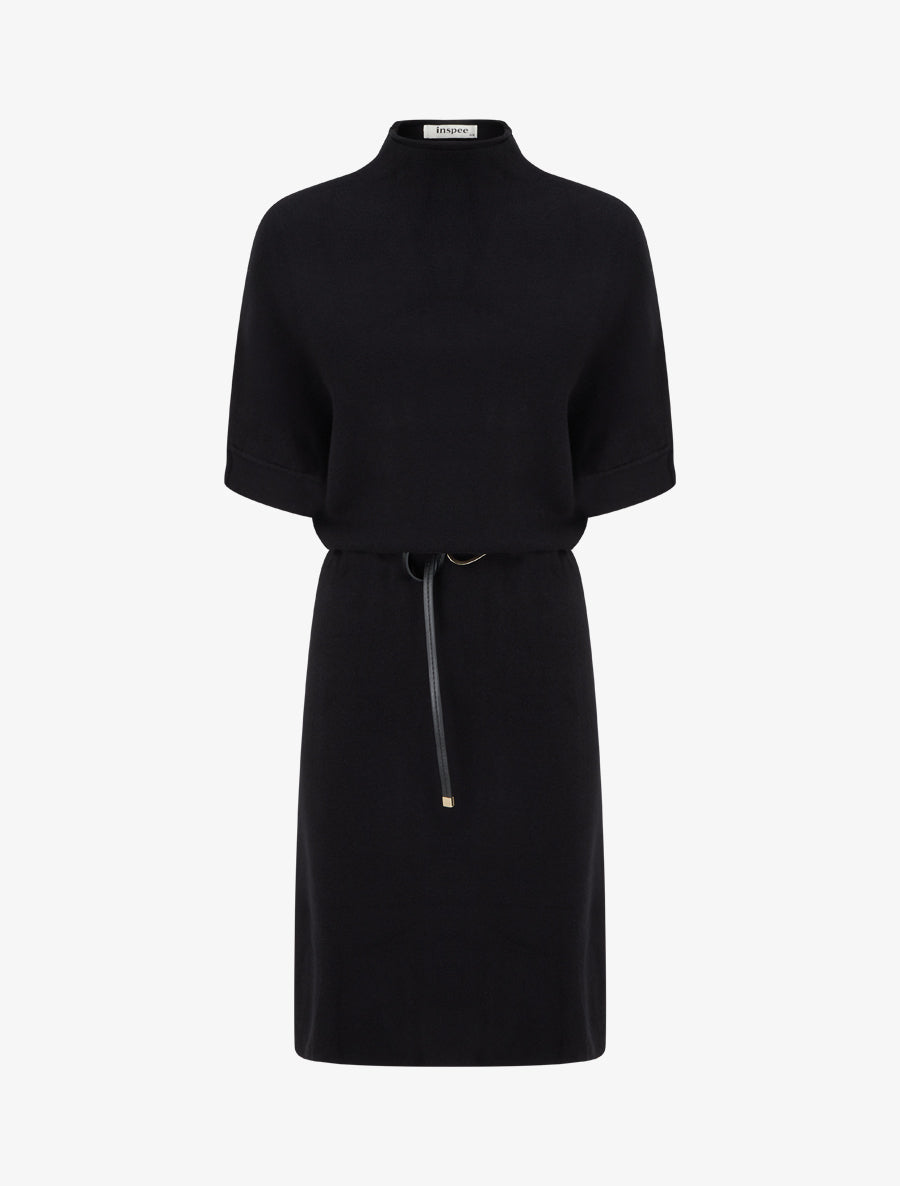 Belted High Neck Sweater Dress