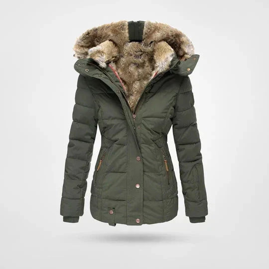 Women's Quilted Puffer Jacket Water-Resistant with Faux Fur Hood
