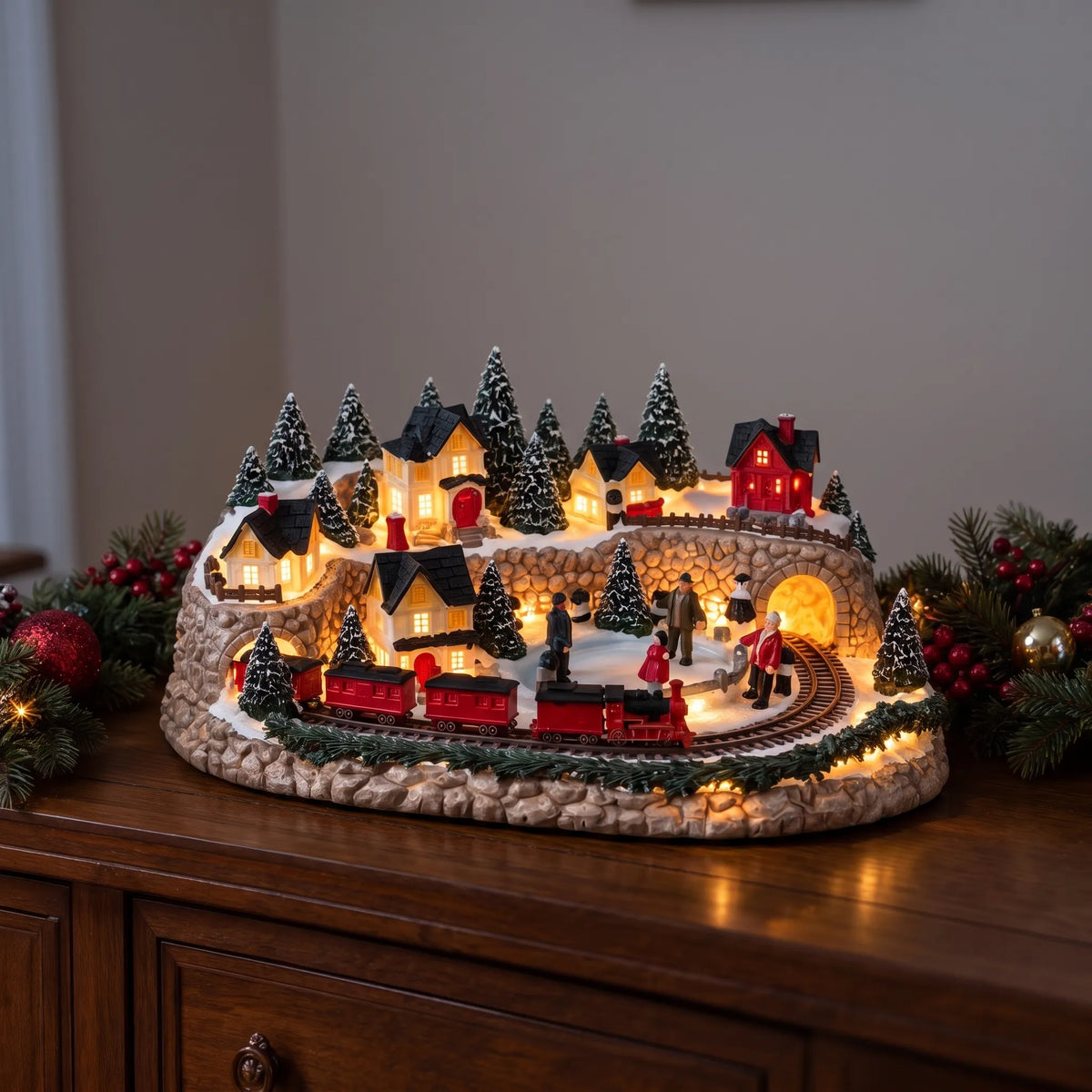 Haveltry | Christmas Village Display with Moving Train & Ice Rink