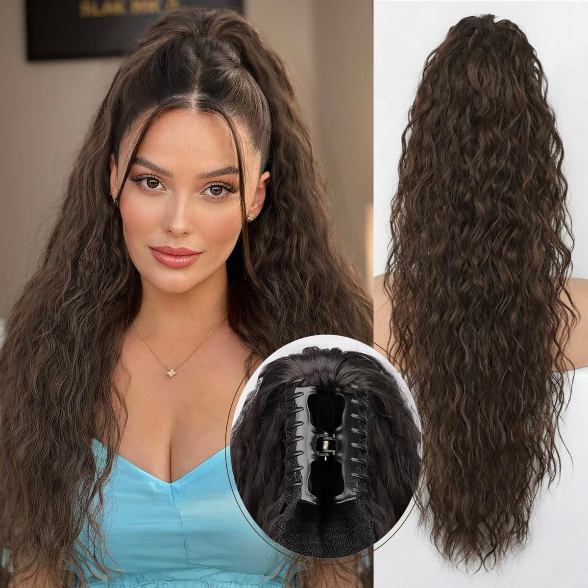 Long Wavy Ponytail Hairpiece (Water Wave) – Full Ponytail with Clip for Everyday and Party