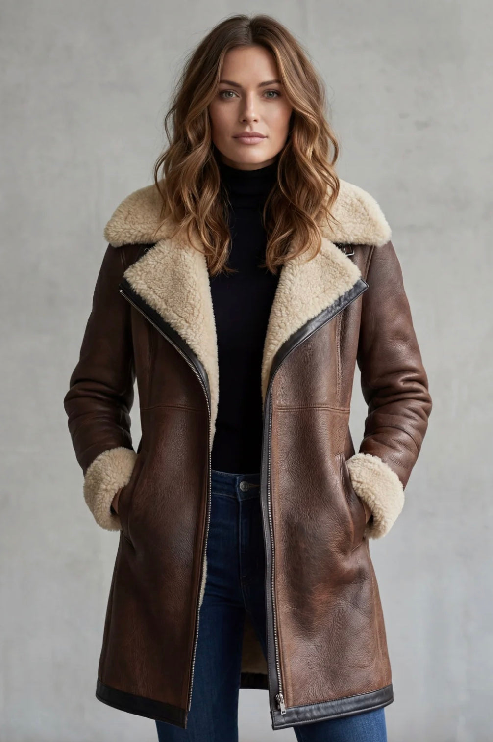 Women's Elegant Leather Coat with Shearling Lining