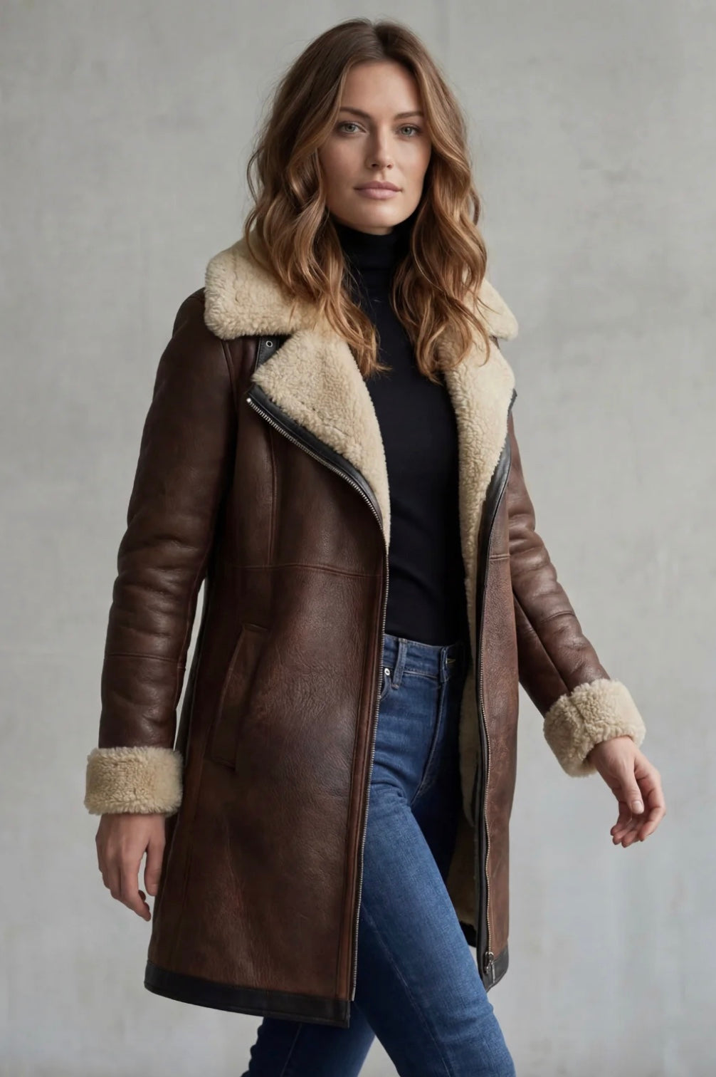Women's Elegant Leather Coat with Shearling Lining