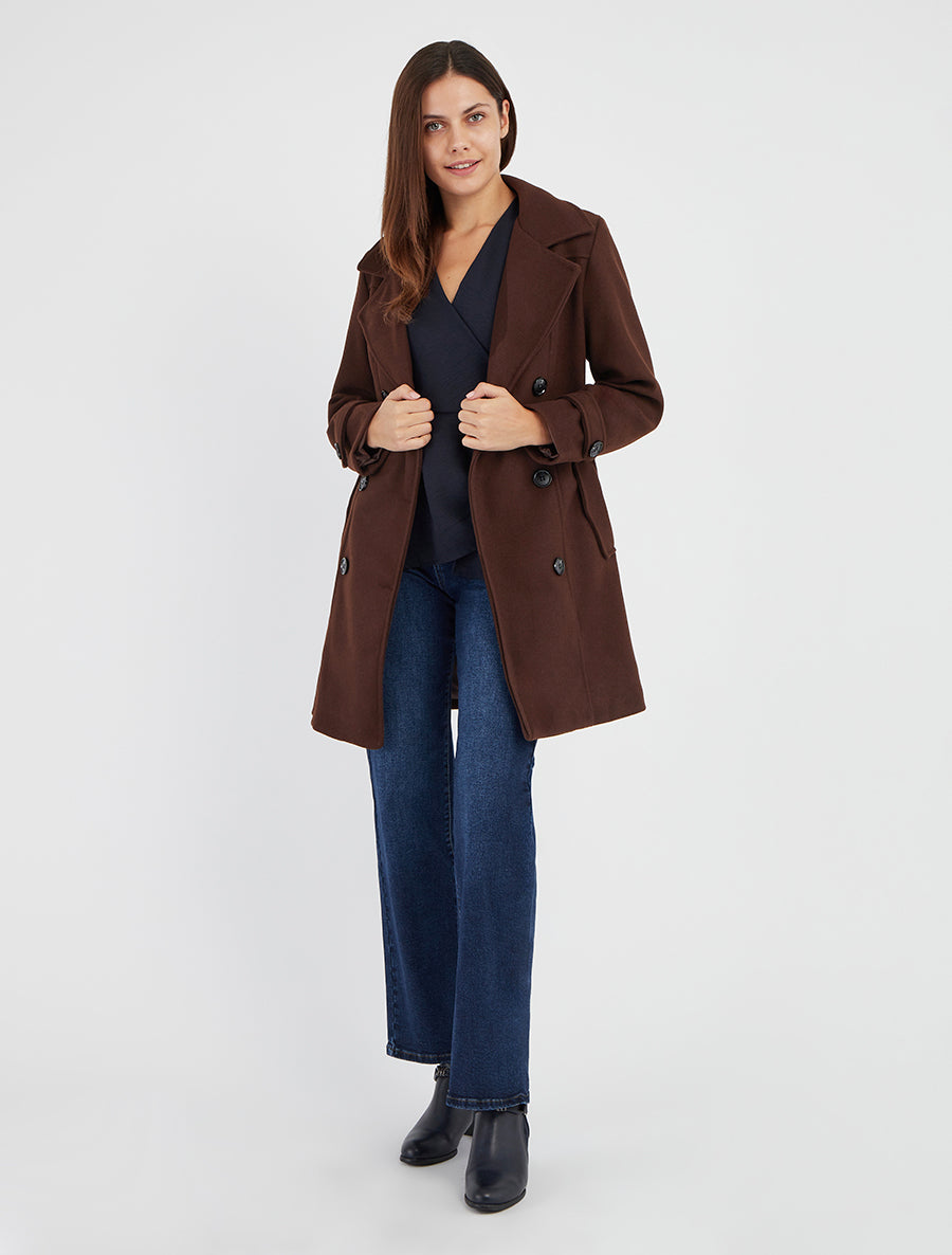 Straight Coat with Notched Collar - Brown