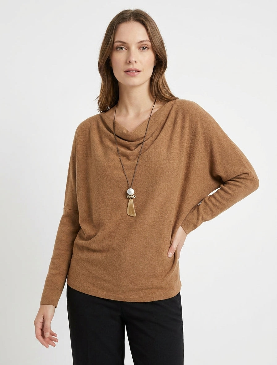 Fine Knit Cowl Neck Batwing Sleeve Sweater