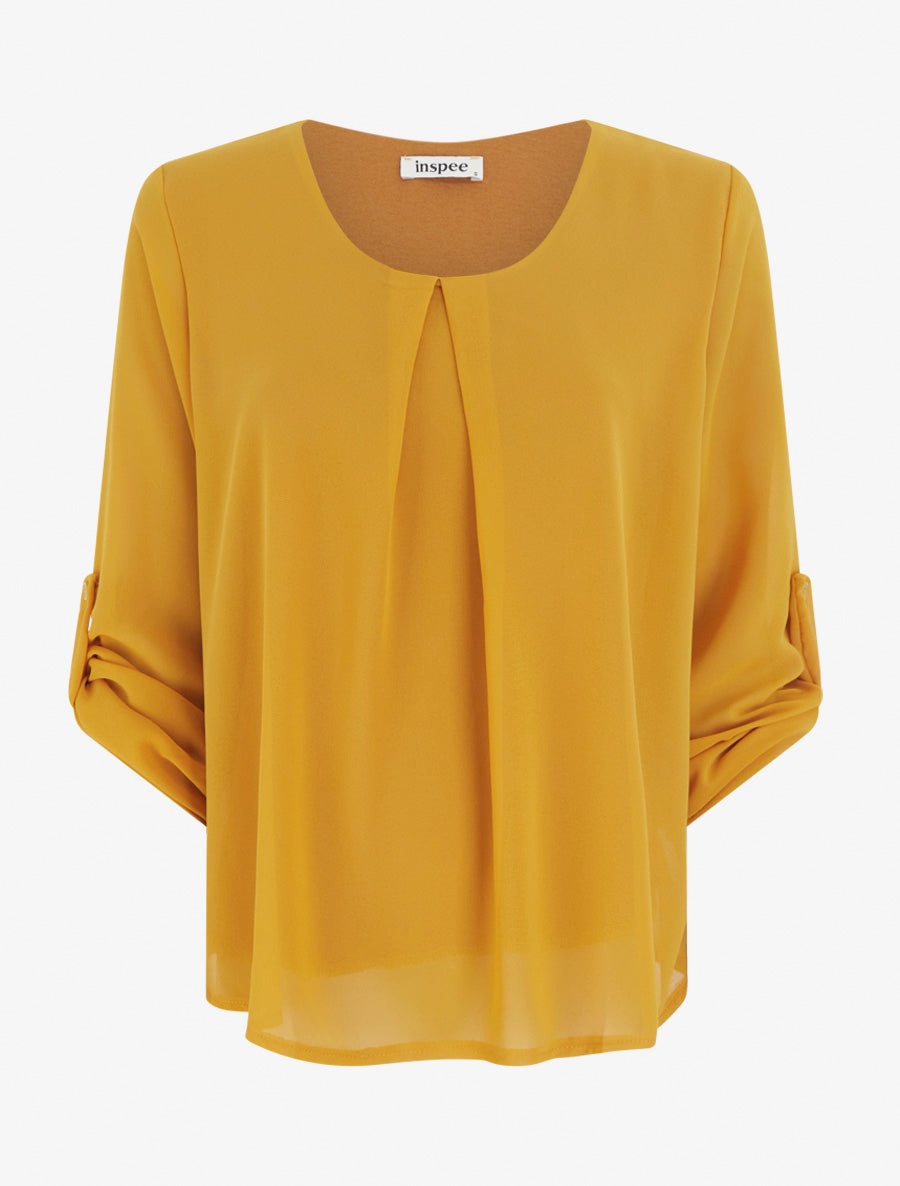 Round Neck Long Sleeve Voile Top - Mustard