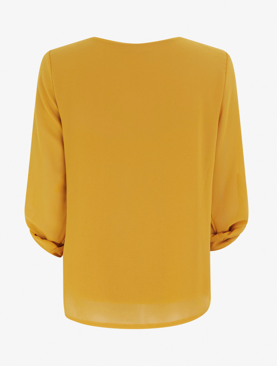 Round Neck Long Sleeve Voile Top - Mustard