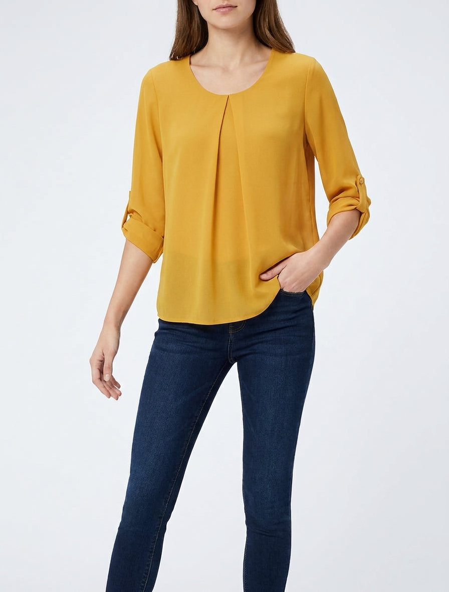 Round Neck Long Sleeve Voile Top - Mustard
