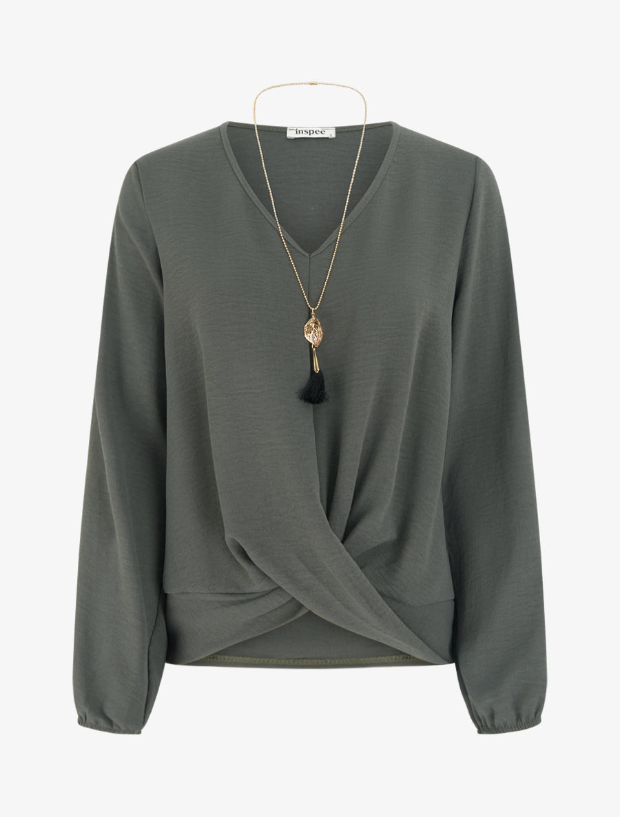 Flowing Long-Sleeve V-Neck Top - Khaki