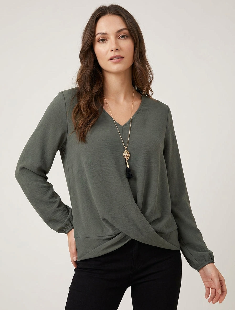 Flowing Long-Sleeve V-Neck Top - Khaki