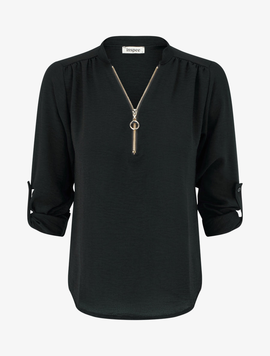 Fluid Top with Roll-Up Sleeves - Black