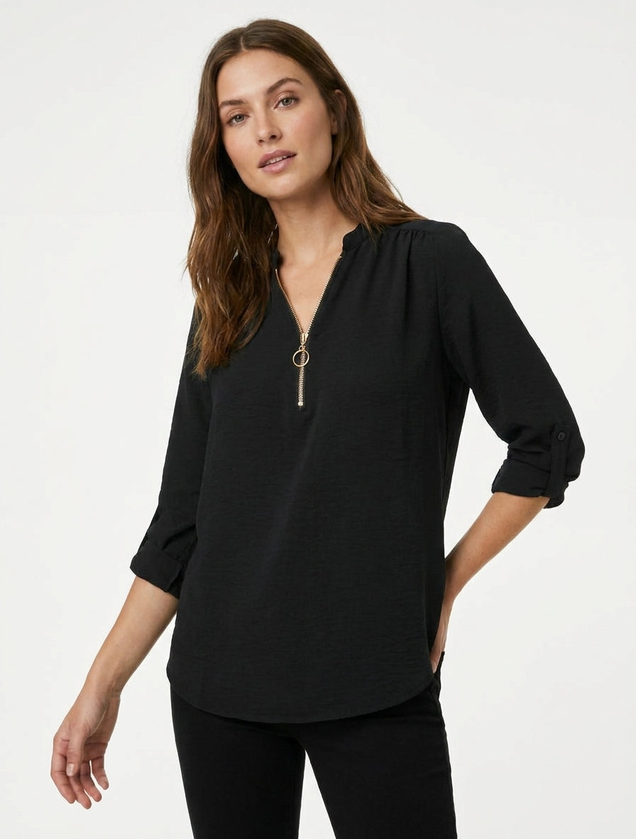 Fluid Top with Roll-Up Sleeves - Black