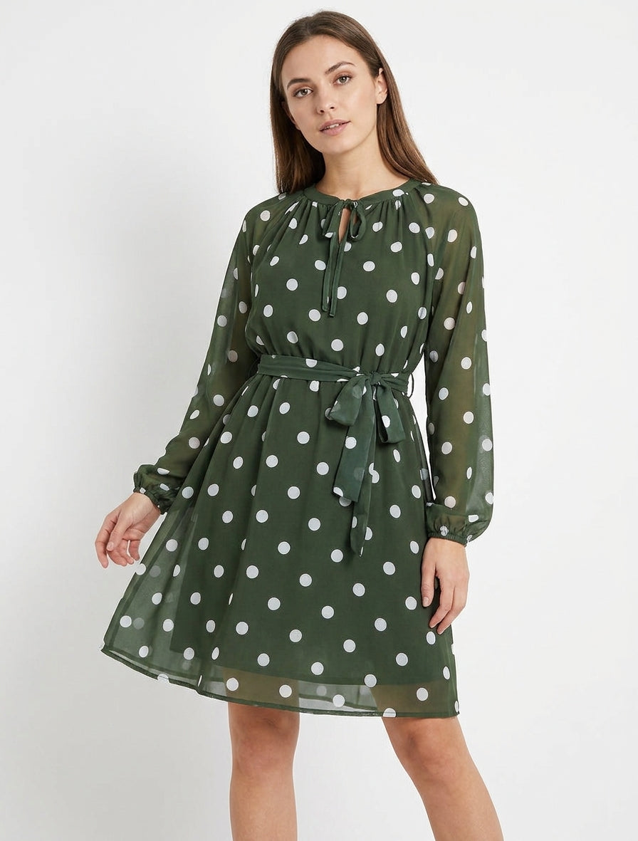 Flowing Dress with Tie Neck and Polka Dots