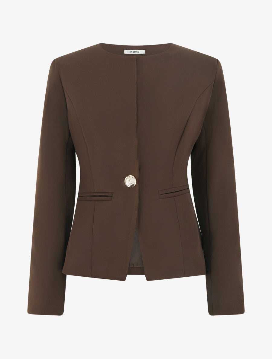 Fitted Round Neck Jacket with Shoulder Pads