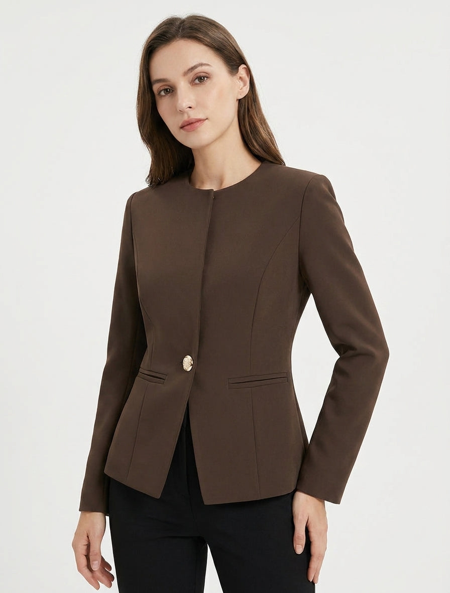 Fitted Round Neck Jacket with Shoulder Pads